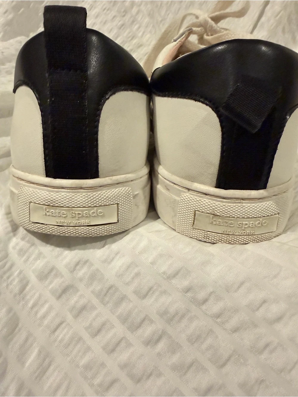 kate spade White Leather Sneakers with Black Stripe and Pink Lining